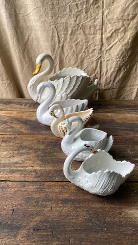 Vintage French ceramic swan plant pot holders or trinket bowls