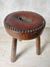 Load image into Gallery viewer, French 70s leather and wood studded tripod stool