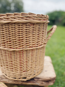 Knitting basket with a red polka dot lining