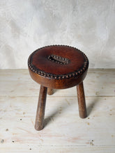 Load image into Gallery viewer, French 70s leather and wood studded tripod stool