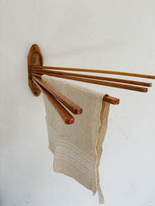Vintage wooden wall mounted articulated towel rack - 6 dowels