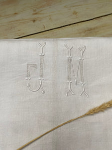 Antique french farmhouse hemp linen sheet with hand embroidered JM initials