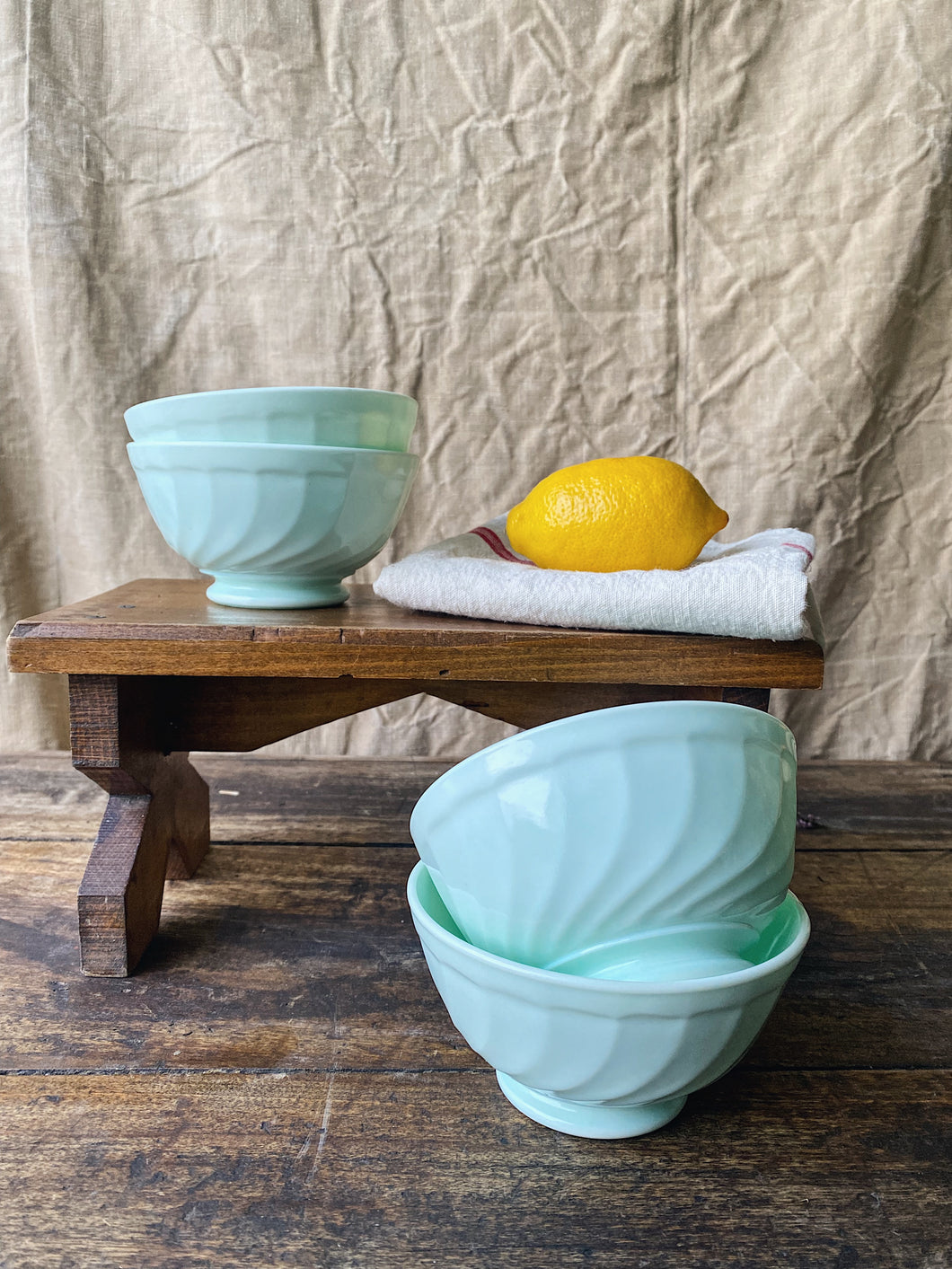 Vintage French Arcopal pastel green breakfast bowls