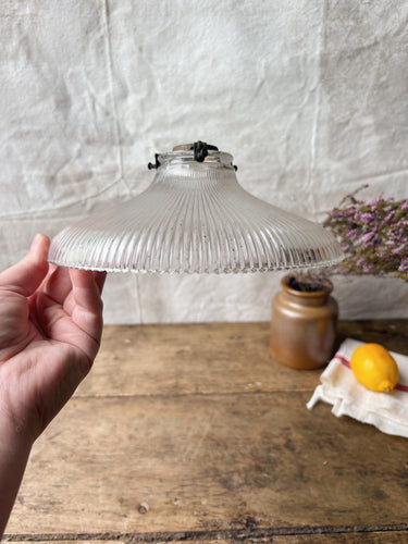Mid Century Holophane glass pendant light shade with original brass gallery