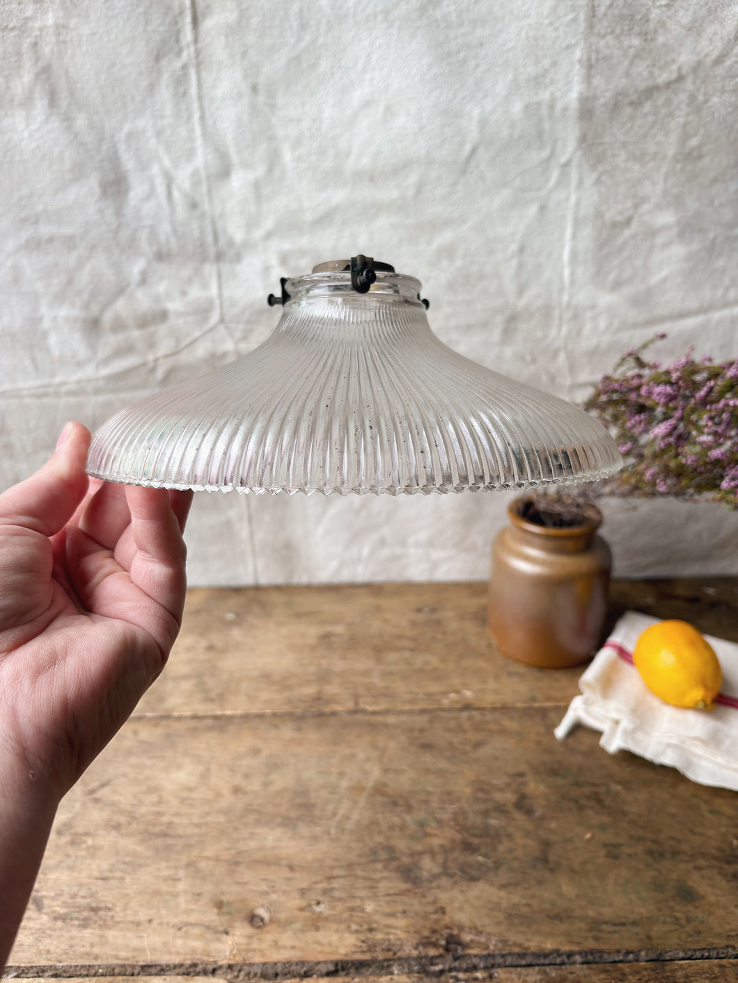 Mid Century Holophane glass pendant light shade with original brass gallery