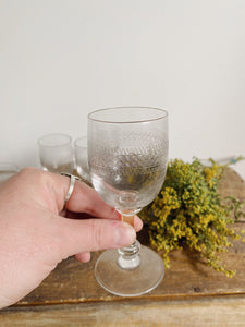 Antique etched wine or apéritif glasses, set in two sizes