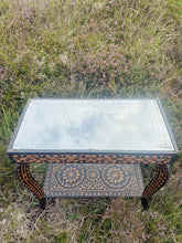 Load image into Gallery viewer, Vintage engraved wooden side table with mirror top