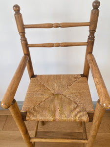 Vintage French high chair in oak and straw seat