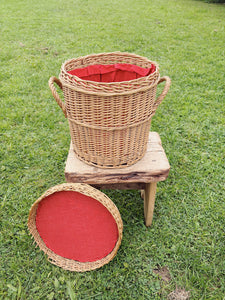 Knitting basket with a red polka dot lining