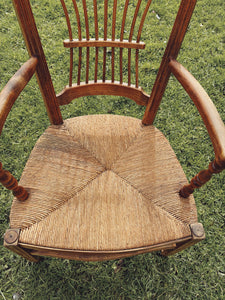 1940s fruitwood and rush seat armchair