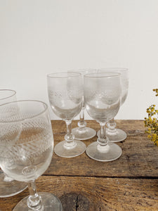 Antique etched wine or apéritif glasses, set in two sizes