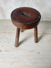 Load image into Gallery viewer, French 70s leather and wood studded tripod stool