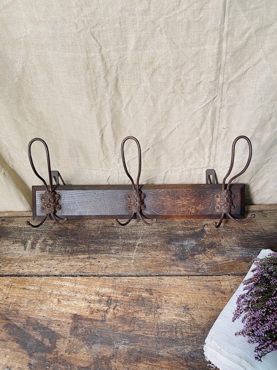 Vintage French hat and coat rack with wire hooks