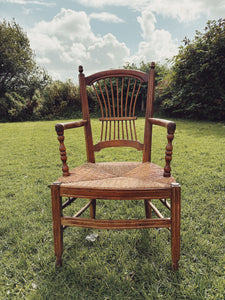 1940s fruitwood and rush seat armchair