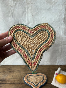 Vintage 1970s heart shaped straw trivets - set of 3