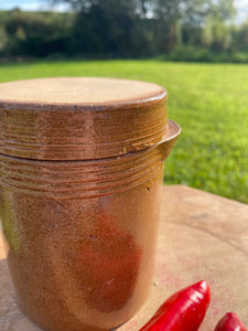 Small vintage French crock jar with lid