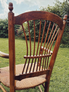 1940s fruitwood and rush seat armchair