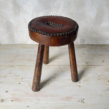 Load image into Gallery viewer, French 70s leather and wood studded tripod stool