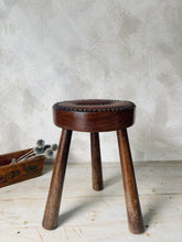 Load image into Gallery viewer, French 70s leather and wood studded tripod stool