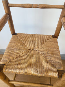 Vintage French high chair in oak and straw seat