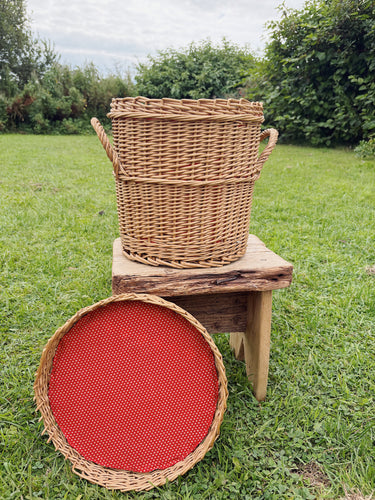 Knitting basket with a red polka dot lining