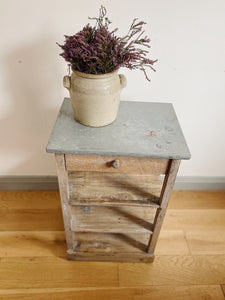 Vintage rustic zinc top console with drawer