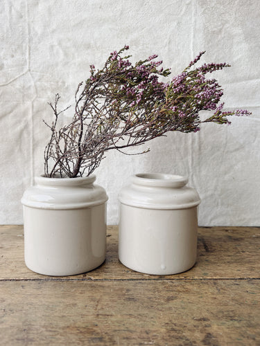 Vintage French cream glazed sandstone mustard pots