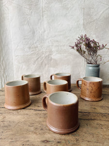 Vintage French rustic hand turned stoneware mugs - set of 6