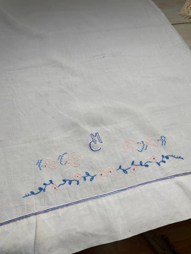 Vintage French Hand embroidered linen crib sheet