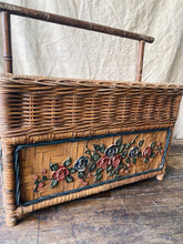 Load image into Gallery viewer, Vintage French wicker and wood magazine stand