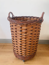 Load image into Gallery viewer, Vintage French bakery tall wicker basket on wheels