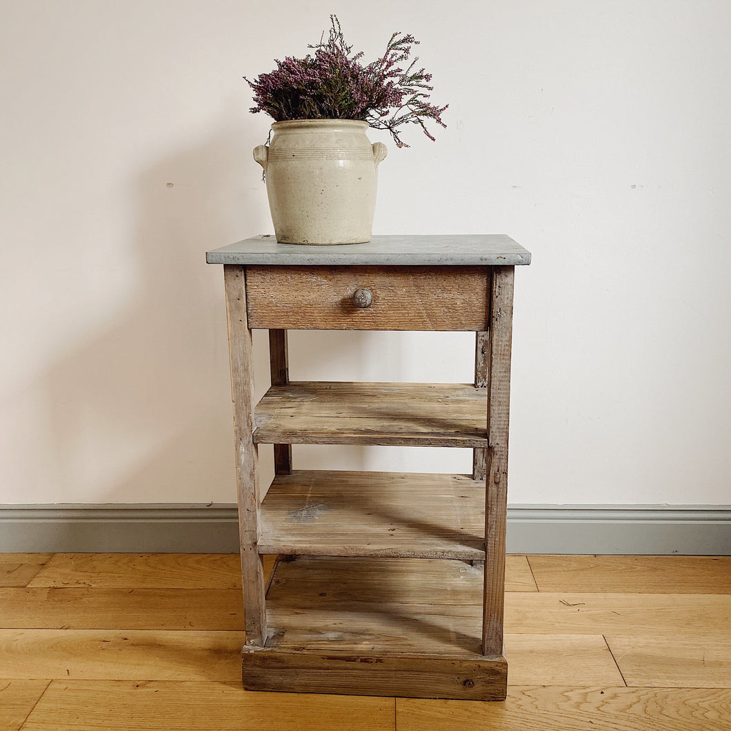 Vintage rustic zinc top console with drawer