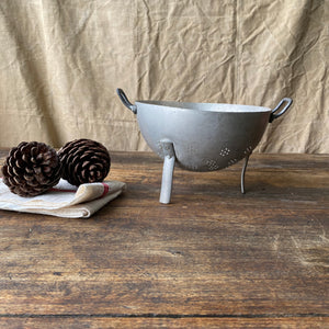 Vintage French aluminium colander strainer on legs