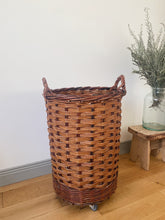 Load image into Gallery viewer, Vintage French bakery tall wicker basket on wheels