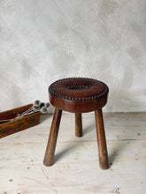 Load image into Gallery viewer, French 70s leather and wood studded tripod stool