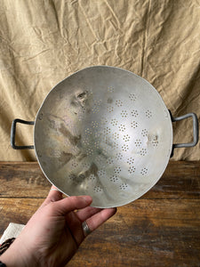 Vintage French aluminium colander strainer on legs