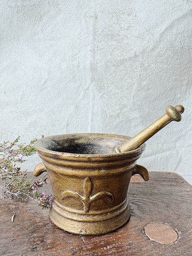 Antique bronze “Fleur de Lys” pestle and mortar