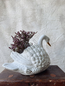 Vintage white ceramic Swan planter with gold accents