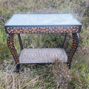 Vintage engraved wooden side table with mirror top
