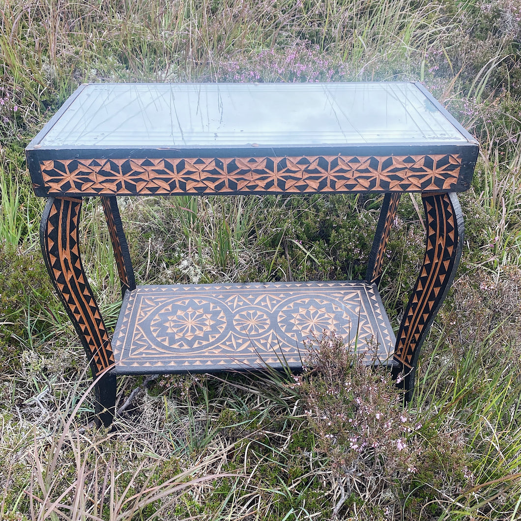 Vintage hand carved wood and mirror top side tables