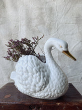 Load image into Gallery viewer, Vintage white ceramic Swan planter with gold accents