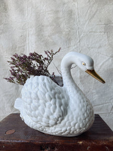 Vintage white ceramic Swan planter with gold accents