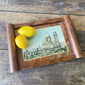 Vintage souvenir Paris Sacré Coeur postcard wooden serving tray