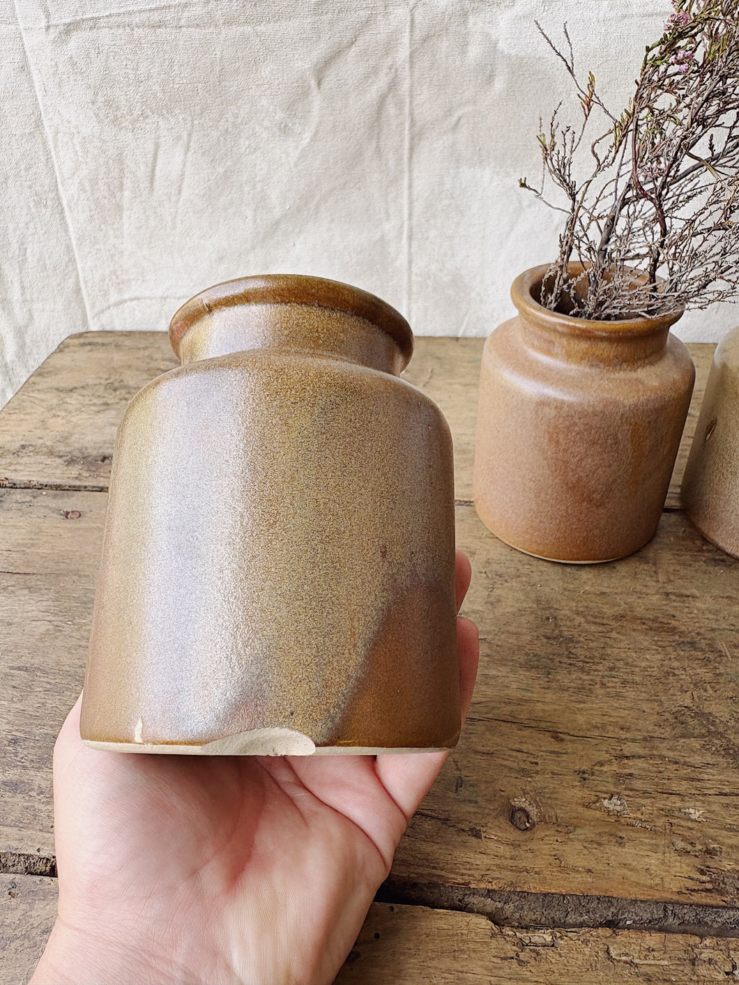 Vintage French sandstone mustard pots