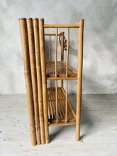 Load image into Gallery viewer, Vintage 70s bamboo cane folding two tier shelf