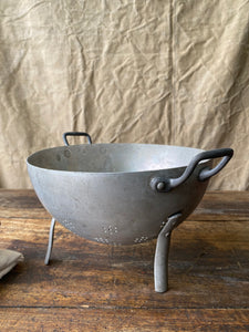 Vintage French aluminium colander strainer on legs