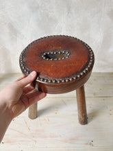 Load image into Gallery viewer, French 70s leather and wood studded tripod stool