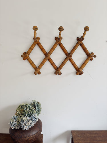 Vintage French extendable turned wood faux bamboo hat and coat hanger pegs