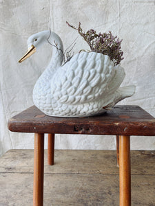 Vintage white ceramic Swan planter with gold accents