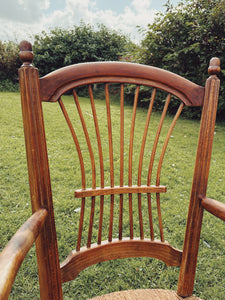 1940s fruitwood and rush seat armchair